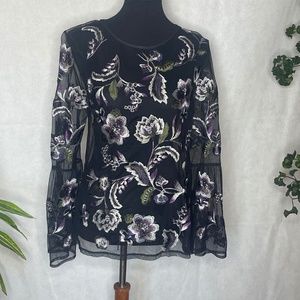 INC mesh shirt with purple embroidered flowers